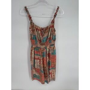 O'Neill Womens Boho Patchwork Romper Jumpsuit Smocked Waist Tie Neck Sz M